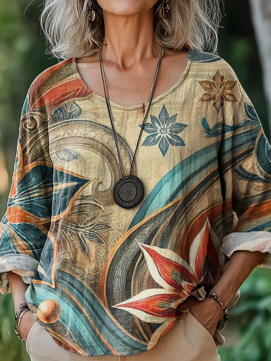 Women's Vintage Flower Art Print Casual Cotton And Linen Shirt