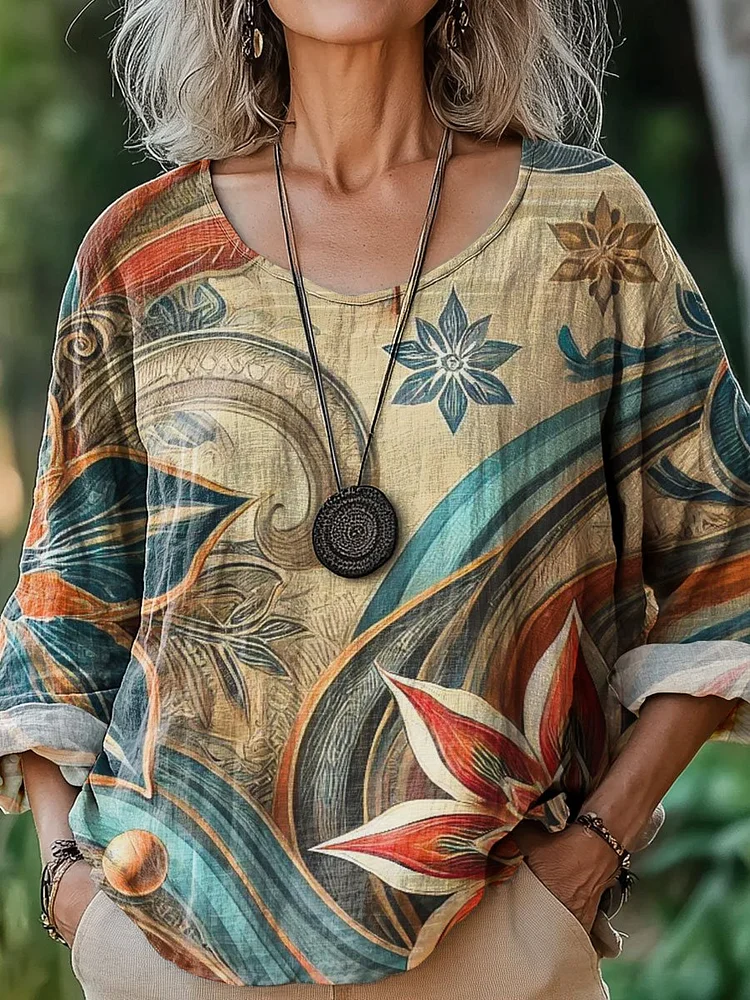 Women's Vintage Flower Art Print Casual Cotton And Linen Shirt