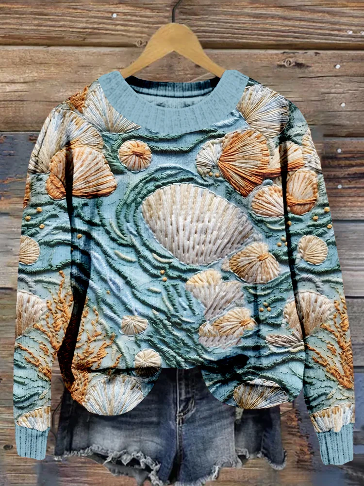 Comstylish Marine Shell Embroidery Art Cozy Knit Sweater