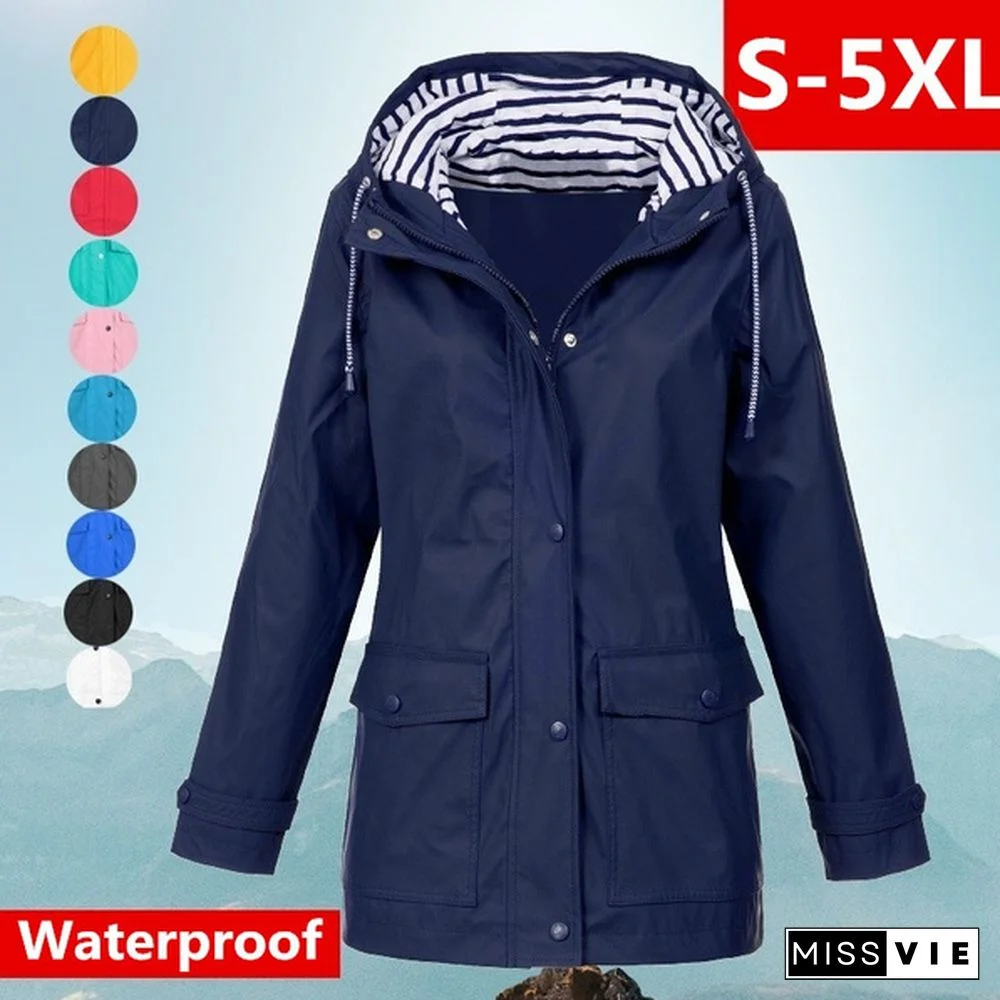 Fashion Women Waterproof Zipper Rain Jacket Solid Color Ladies Autumn and Spring Outdoor Mountaineering Lightweight Raincoats Plus Size S-5XL