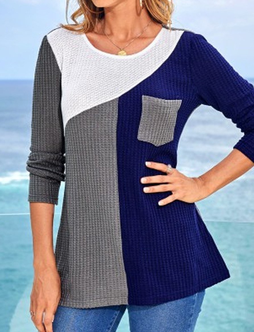 O-Neck Color Block Long Sleeve Sweater - VSMEE