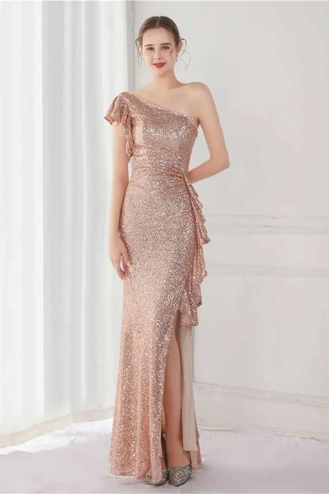 See-through dress one-shoulder mermaid dress evening dresses with sash,DS12101 main image 0