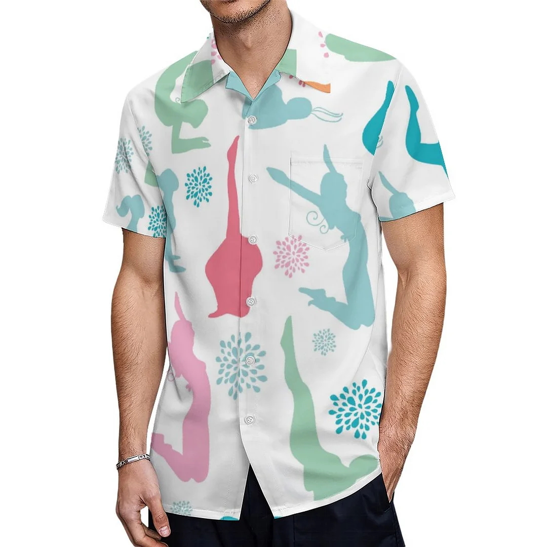Short Sleeve Pink Green Colorful Yoga Poses Hawaiian Shirt Mens Button Down Plus Size Tropical Hawaii Beach Shirts
