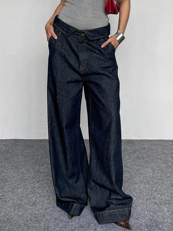 Turned-up Waistband Casual Low Rise Wide Leg Jeans