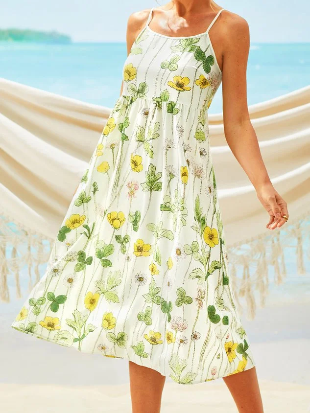 Resort U-Neck Cotton-Blend Sleeveless Weaving beach dresses