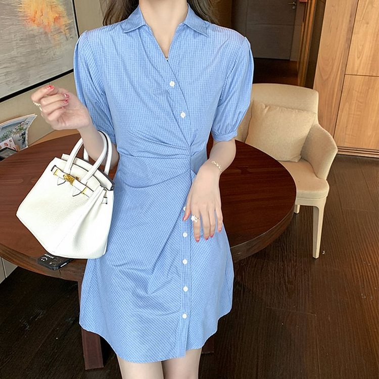 Blue Cotton-Blend Swing Checkered/plaid Casual Dresses QueenFunky