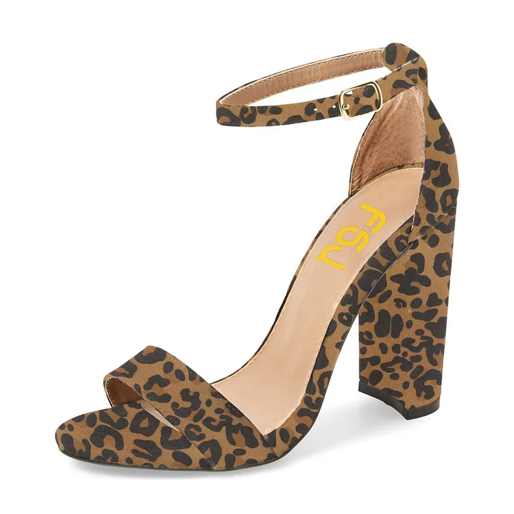Leopard Print Heels Suede Block Heel Ankle Strap Sandals |FSJ Shoes