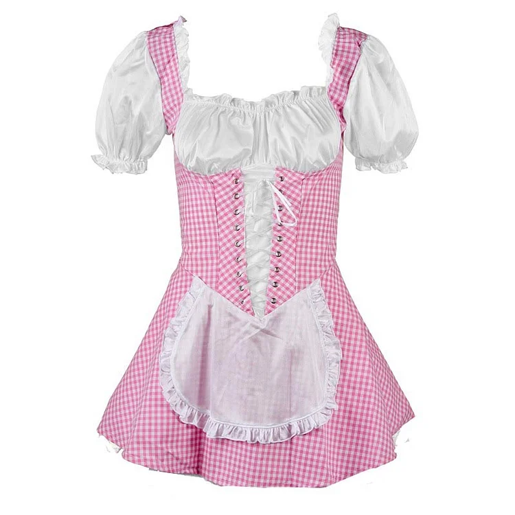 Lattice Print Lace Up Maid Dress - Modakawa Modakawa