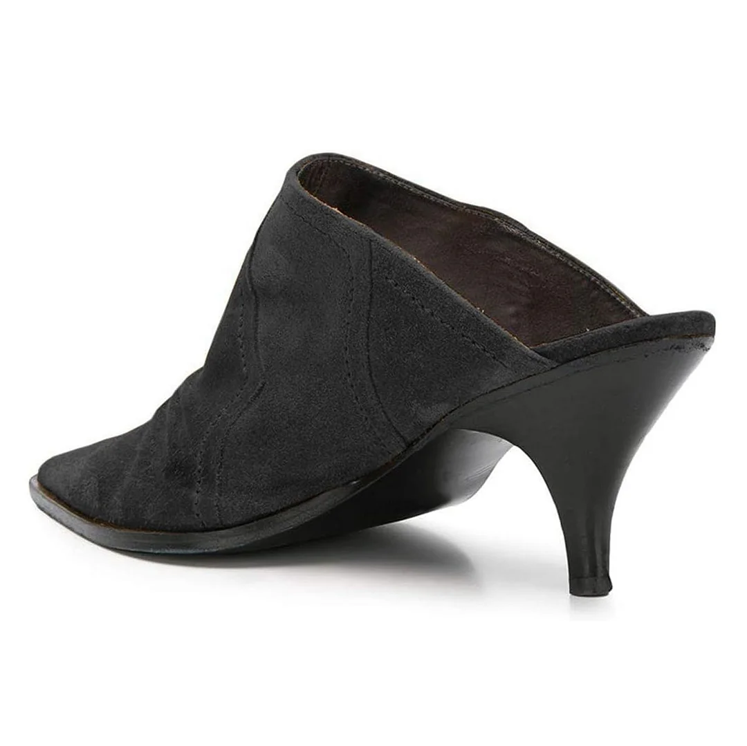 YDN Vegan Suede Kitten Heel Simple Pointy Toe Mules in Black