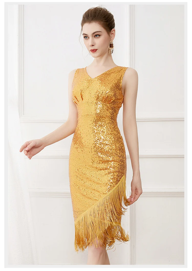 Vintage Party Sequin Gown Prom Tassel Dress
