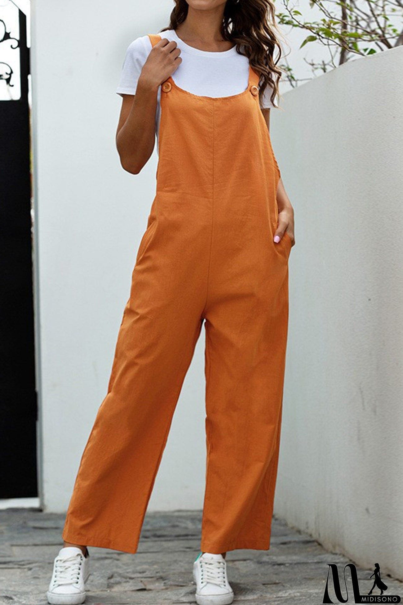 MidiSono - Solid Color Sleeveless Long Pants Jumpsuits