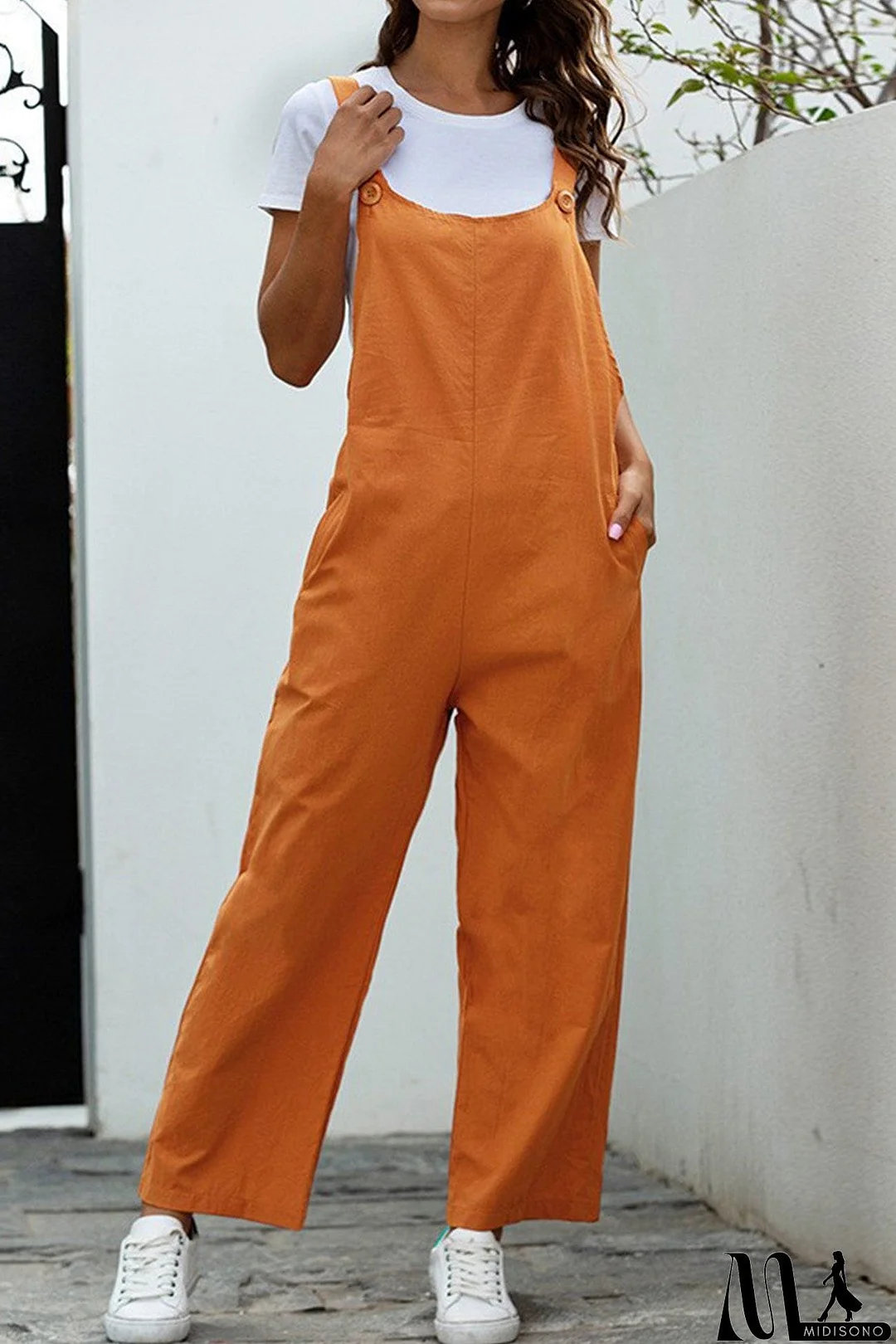 MidiSono - Solid Color Sleeveless Long Pants Jumpsuits
