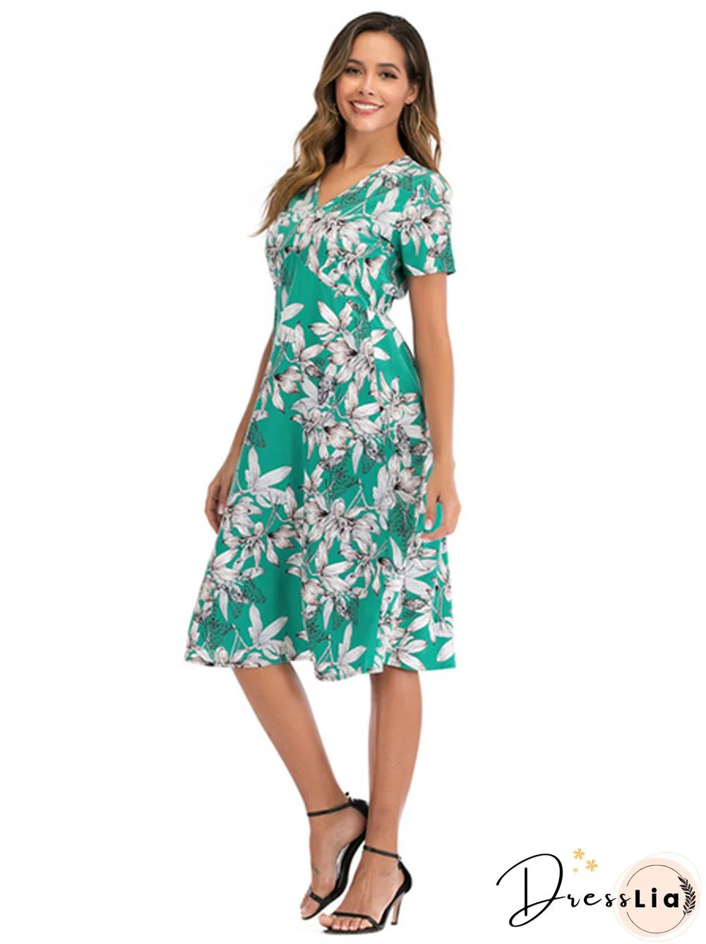 Floral Print V-Neck Half Elastic Waist Dress