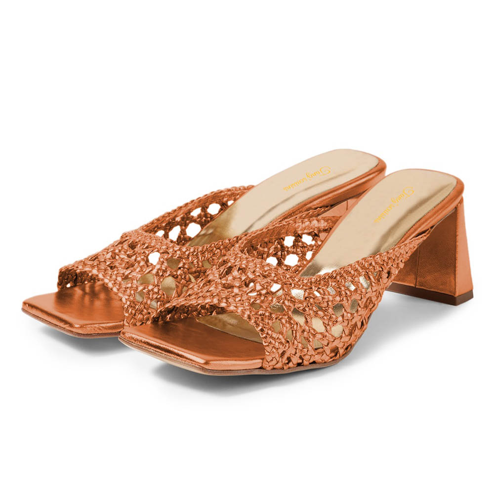 Tan Vegan Leather Chunky Heel Braided Square Toe Summer Sandals Nicepairs
