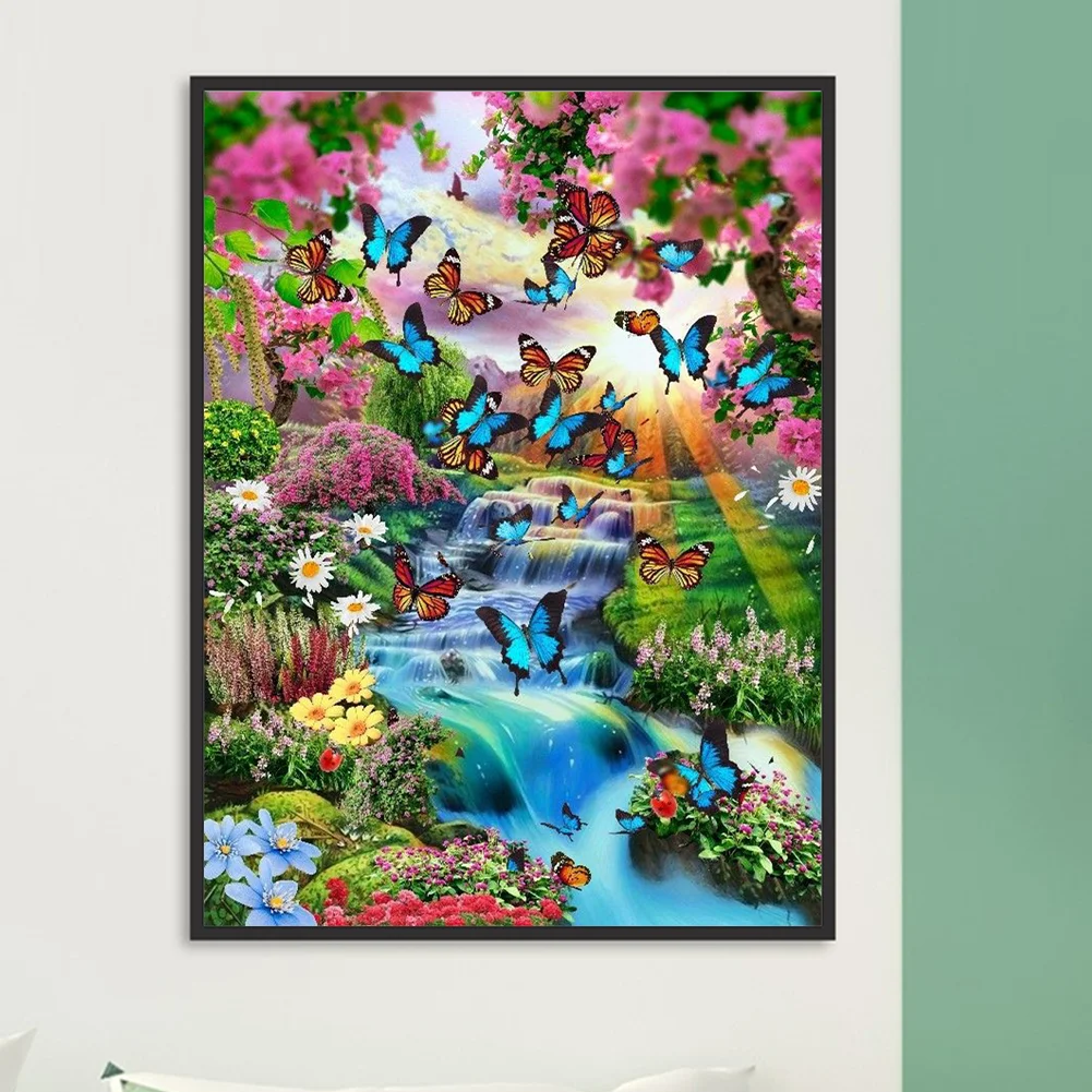 Diamond Painting - Full Round Drill - Flower Butterfly Waterfall(30*40cm)