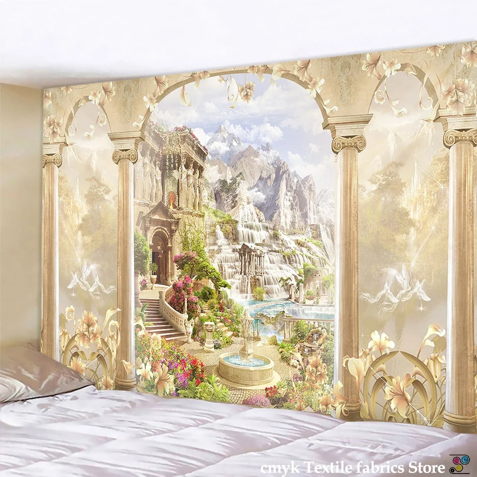 Viewing Platform Tapestry Ancient Rome Middle Ages Column Mountain Forest Castle River City Peacock Swan Wall Hang