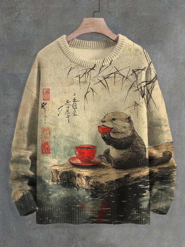 Men's Otter Drinking Tea Japanese Art Print Knit Sweatshirt