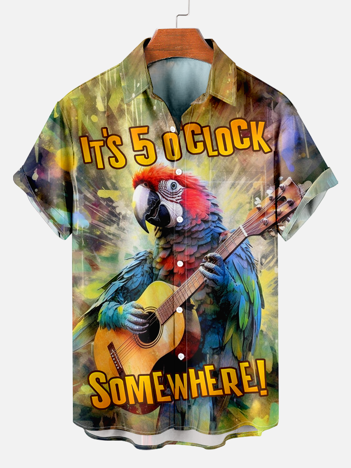 Men's Hawaiian Cartoon Mr. Parrot Playing Guitar Printed Shirt PLUSCLOTHESMAN