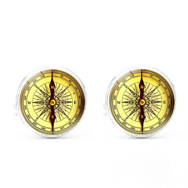 French Shirt Cufflinks Men's Compass Business Button Metal Glass Exquisite High Quality Luxury Simple Classic Cuff Link Gifts