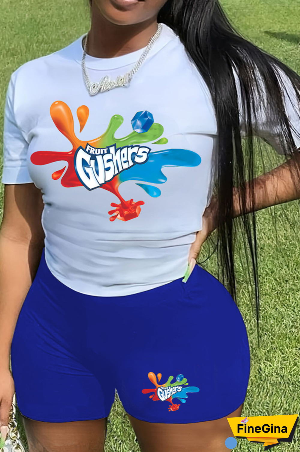 White Blue Casual Daily Print Patchwork Letter O Neck Plus Size Two Pieces