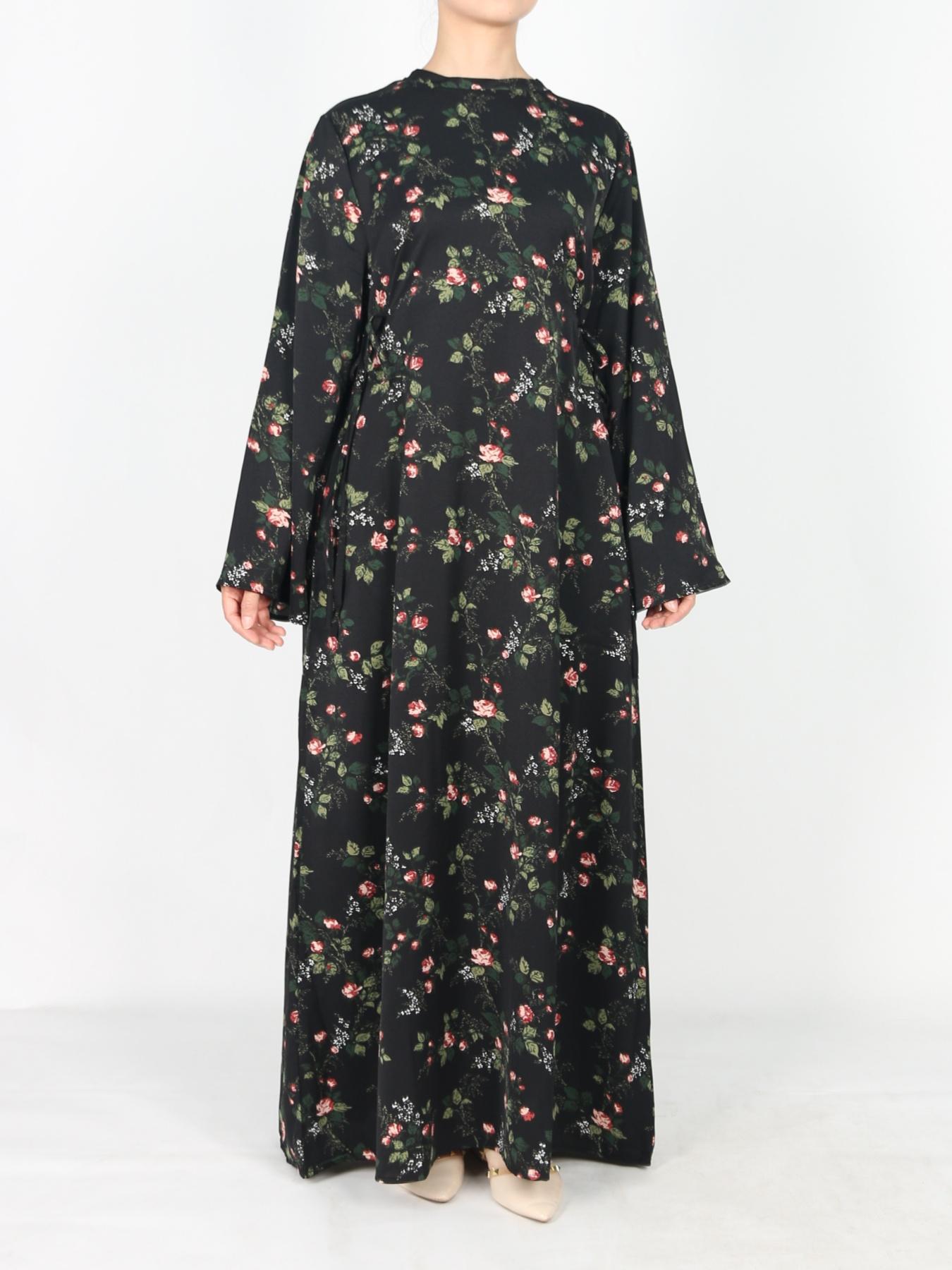 Women's Tie Side Zipper Back Dress, Elegant Long Sleeve Belted Abaya Dress for Daily Wear, Ladies Islamic Clothing for All Seasons, Round Neck Abayas