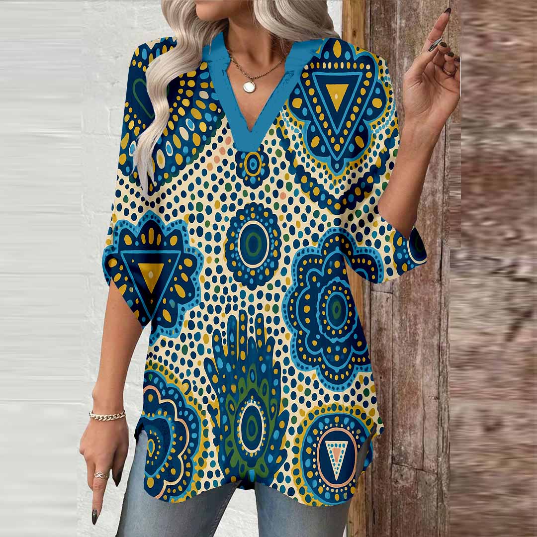 Women Paisley, Blue DZGA0362 3/4 Sleeve V-neck Printed Graphic Button Tops