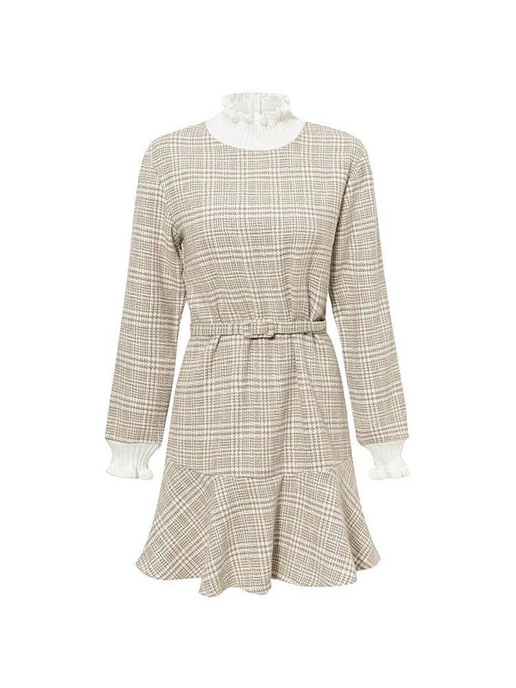 Mayoulove Office Lady Dress Turtleneck Plaid Flare Mini Dress in Beige-Mayoulove