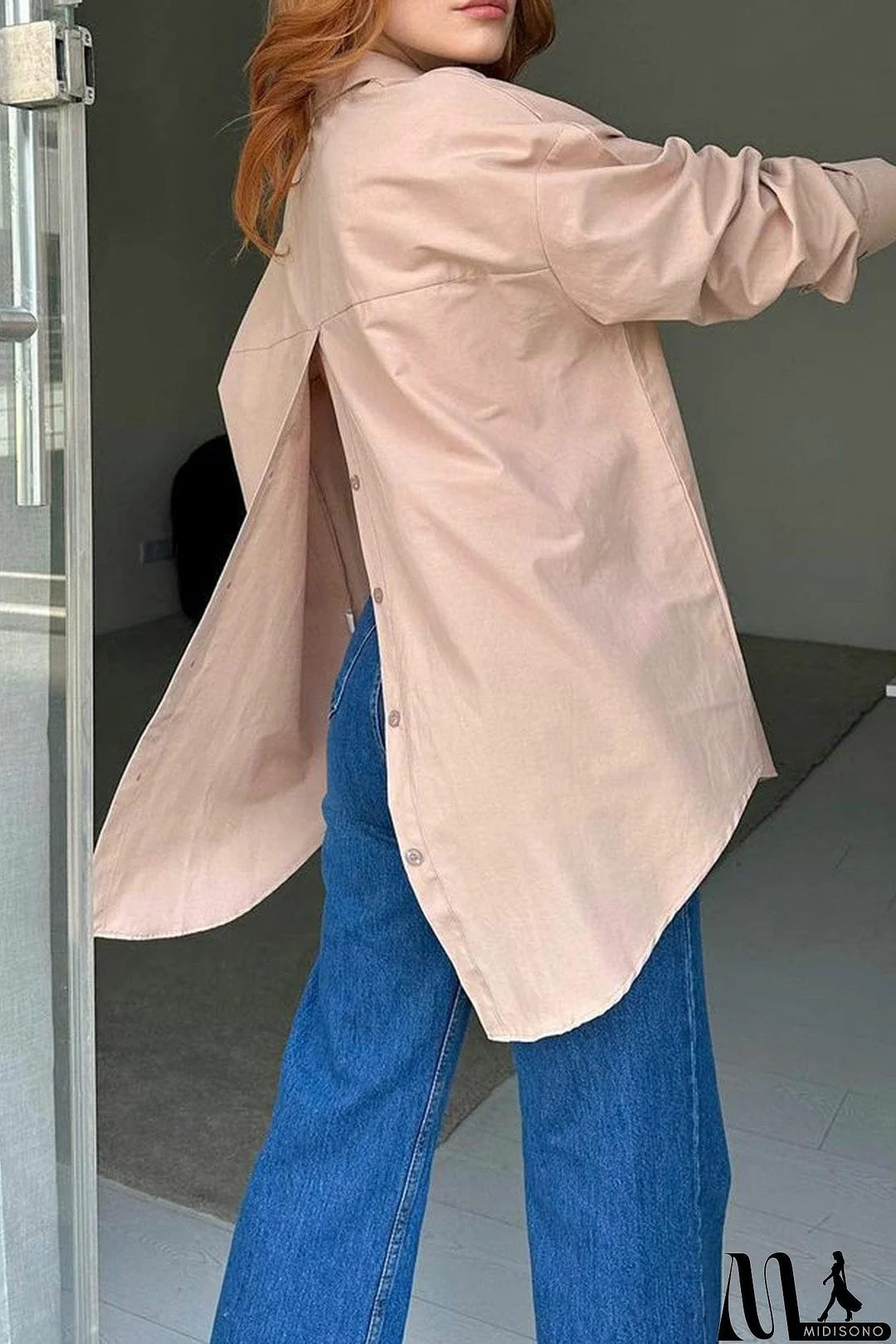 MidiSono - Single-breasted Back Slit Solid Blouse