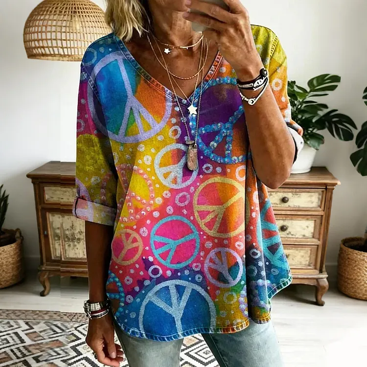Women's Retro Hippie Peace Color Gradient V-neck Linen Blend T-shirt