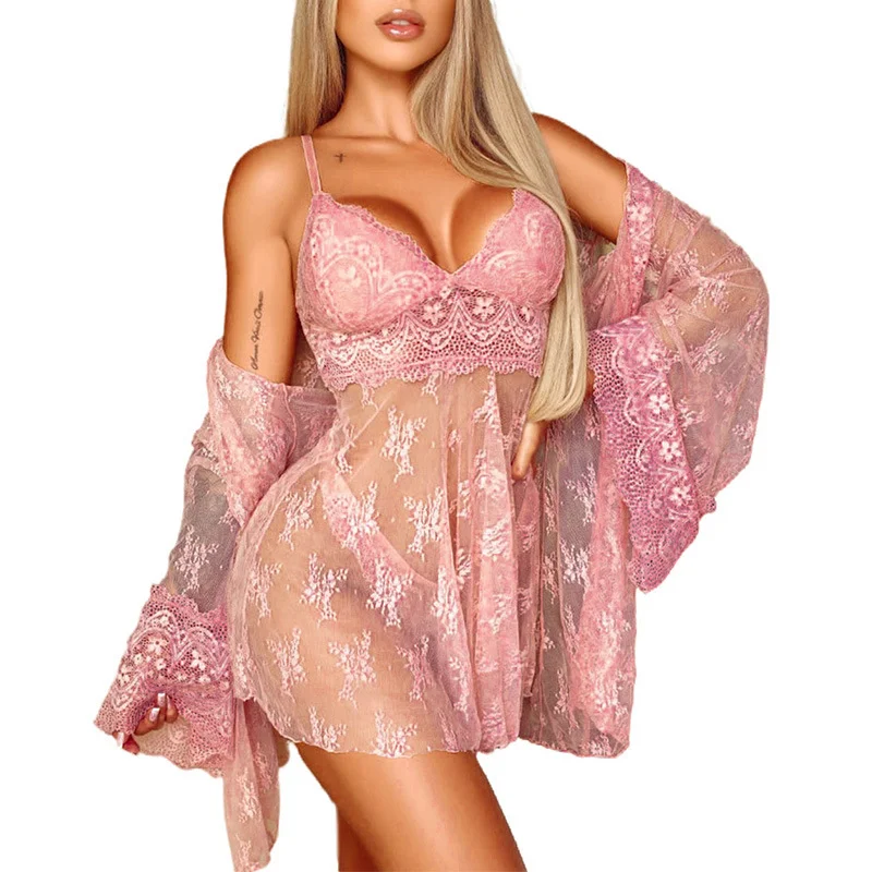 Pink V Neck Adjustable Straps Lace Splicing Babydoll With Thong Rosetoy Official