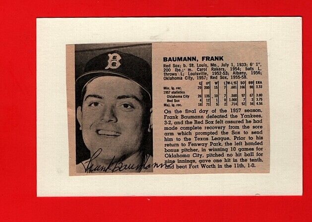 1957 FRANK BAUMANN-RED SOX VINTAGE AUTOGRAPHED Photo Poster painting W/STATS-d.2020