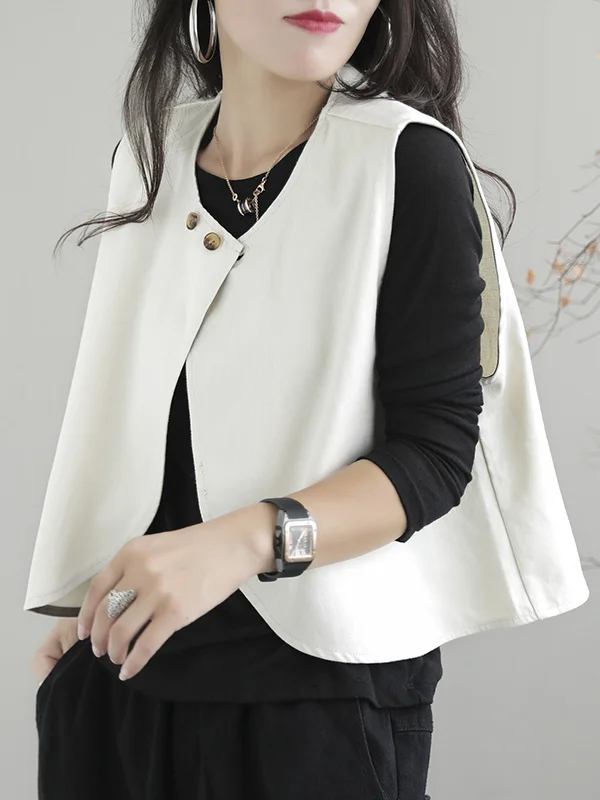 Artistic Retro Loose Sleeveless Solid Color Round-Neck Vest Outerwear