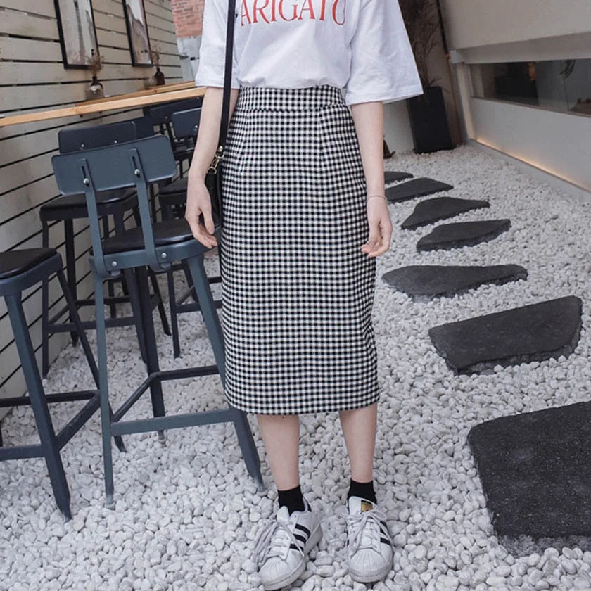 2019 New Arrival Women's Plaid Straight Back Split Harajuku Skirt Retro High Waist Skirts Feminina Knee Length Faldas T92904F