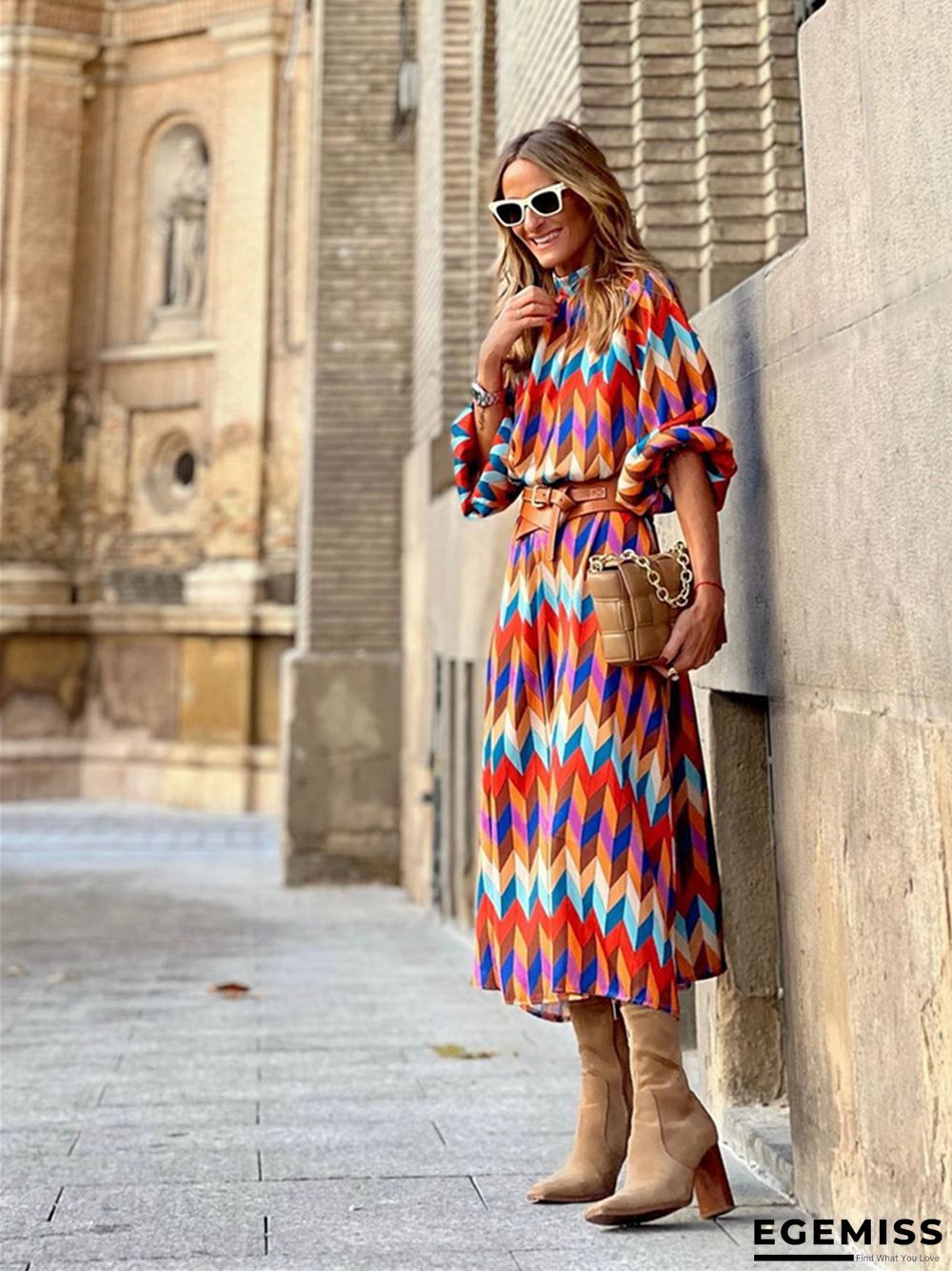 Casual and Loose Print A-line Dress with Waist Reduction | EGEMISS