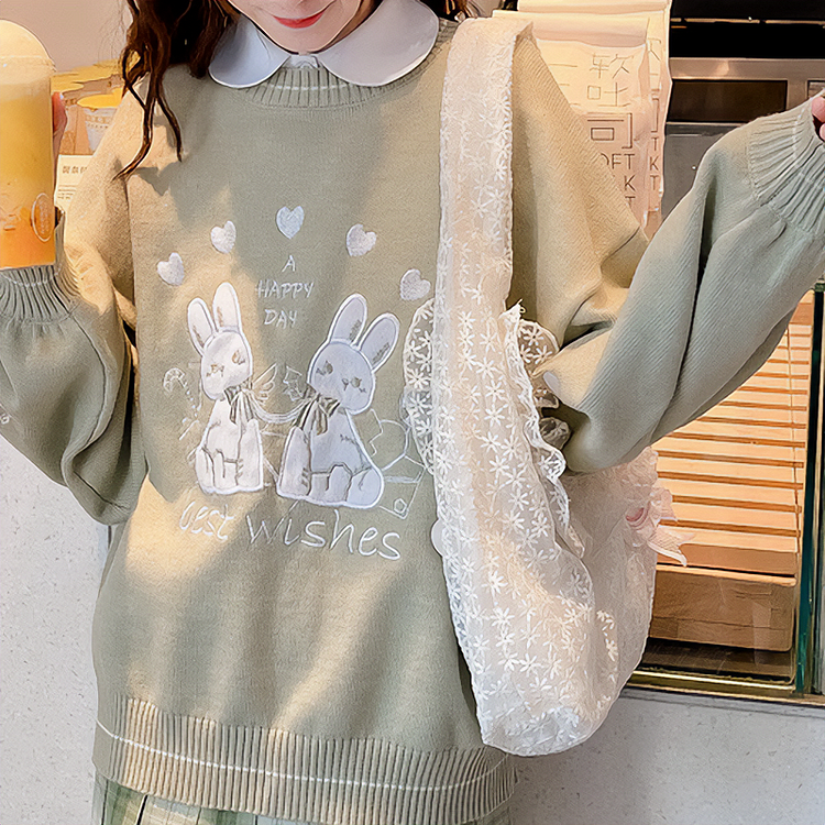 Cute Rabbit Cartoon Grass Green Sweater - Gotamochi Kawaii Shop, Kawaii Clothes