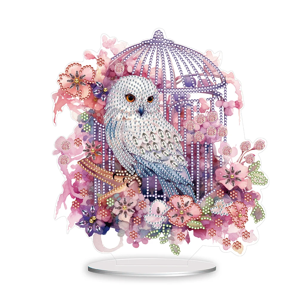 DIY Owl Cage Acrylic Single-Sided Diamond Painting Tabletop Ornament Kit for Office Desktop Decor(20*25cm)