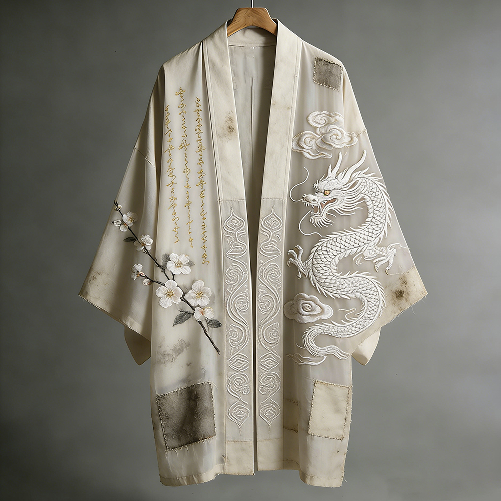 Japanese-style Dragon Pattern And Cherry Blossom Calligraphy Art Spliced Cotton-linen Flowing Kimono elevenforest