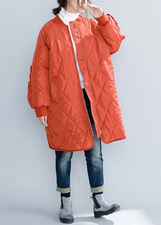 Plus Size Orange Zip Up Pockets Ruffled Patchwork Cotton Filled Coats Winter