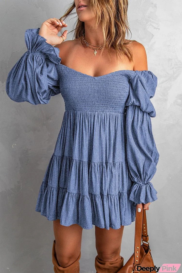 Boho Solid Shirred Ruffle Mini Dress