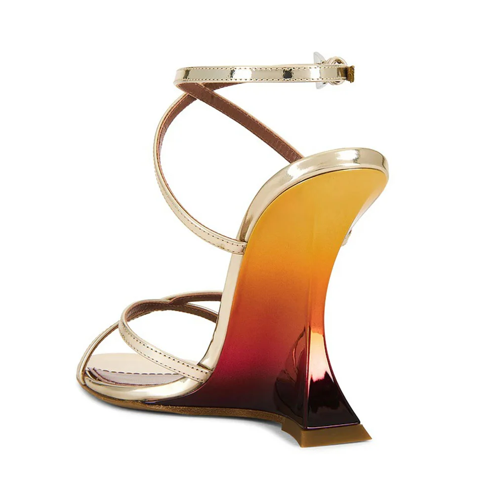  Round Toe Wedge High Heel Ankle Strap Metallic Gold Sandals