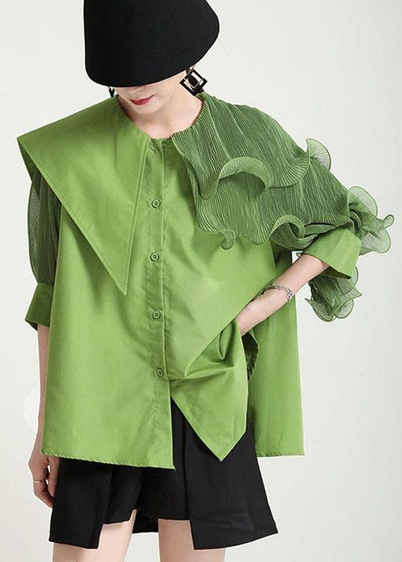 Style Green Asymmetrical Design Patchwork Wrinkled Blouses Half Sleeve
