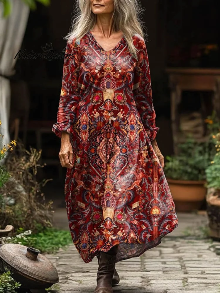 Women's Vintage Ethnic Floral Art Print Pocket Cotton Dress