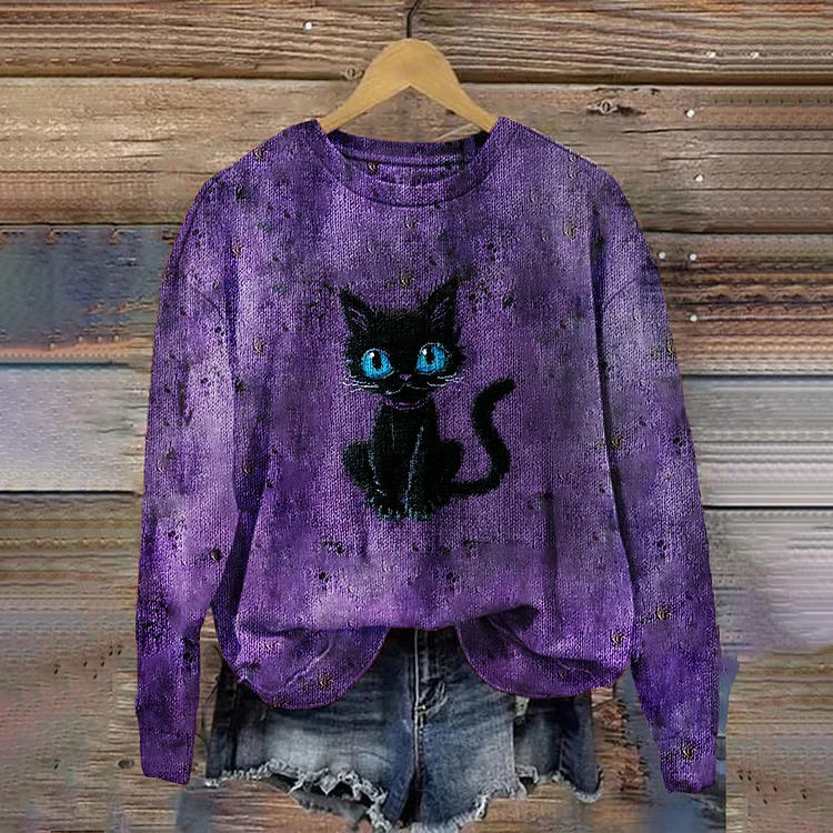 Halloween Blue-eyed Cat Purple Dirty Round Neck Sweater