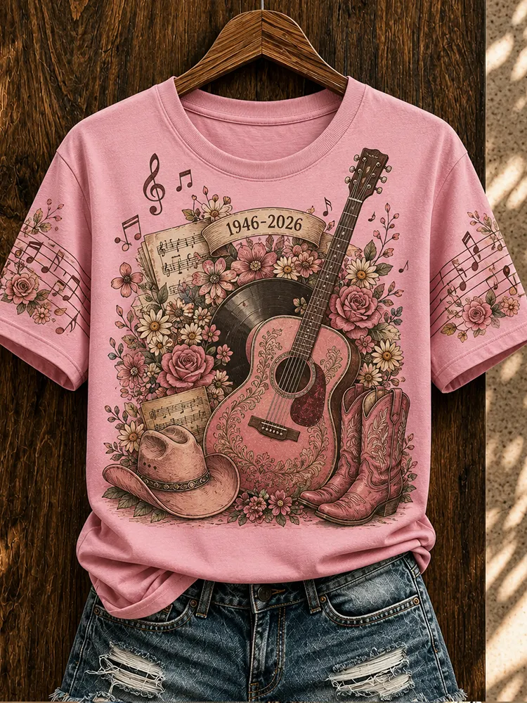 Women's Crewneck Short-sleeve T-shirt Featuring Acoustic Guitar, Vinyl Record, Cowboy Hat, And Boots 1946-2026 artswardrobe