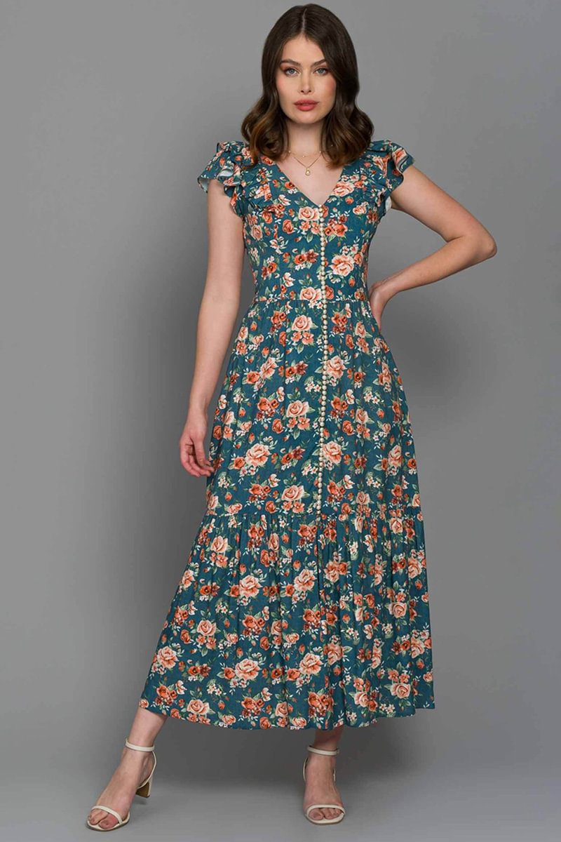Medieval Green Casual Floral Print Pleated Pearl Buttons Double-layer Ruffle Sleeve A-line Midi Dress [Pre-Order]