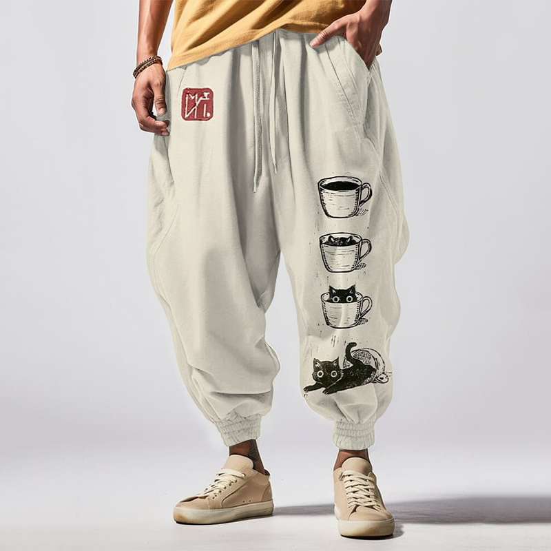 Japanese Art Cup Cat Print Casual Loose Drawstring Waist Sweatpants wearshes