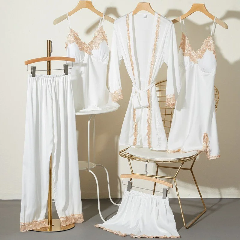 Lace 5PCS Pajamas Set Spring Sleepwear Women Satin Lounge Wear Lingerie Home Clothes  Kimono Bathrobe Gown With Breast Pads