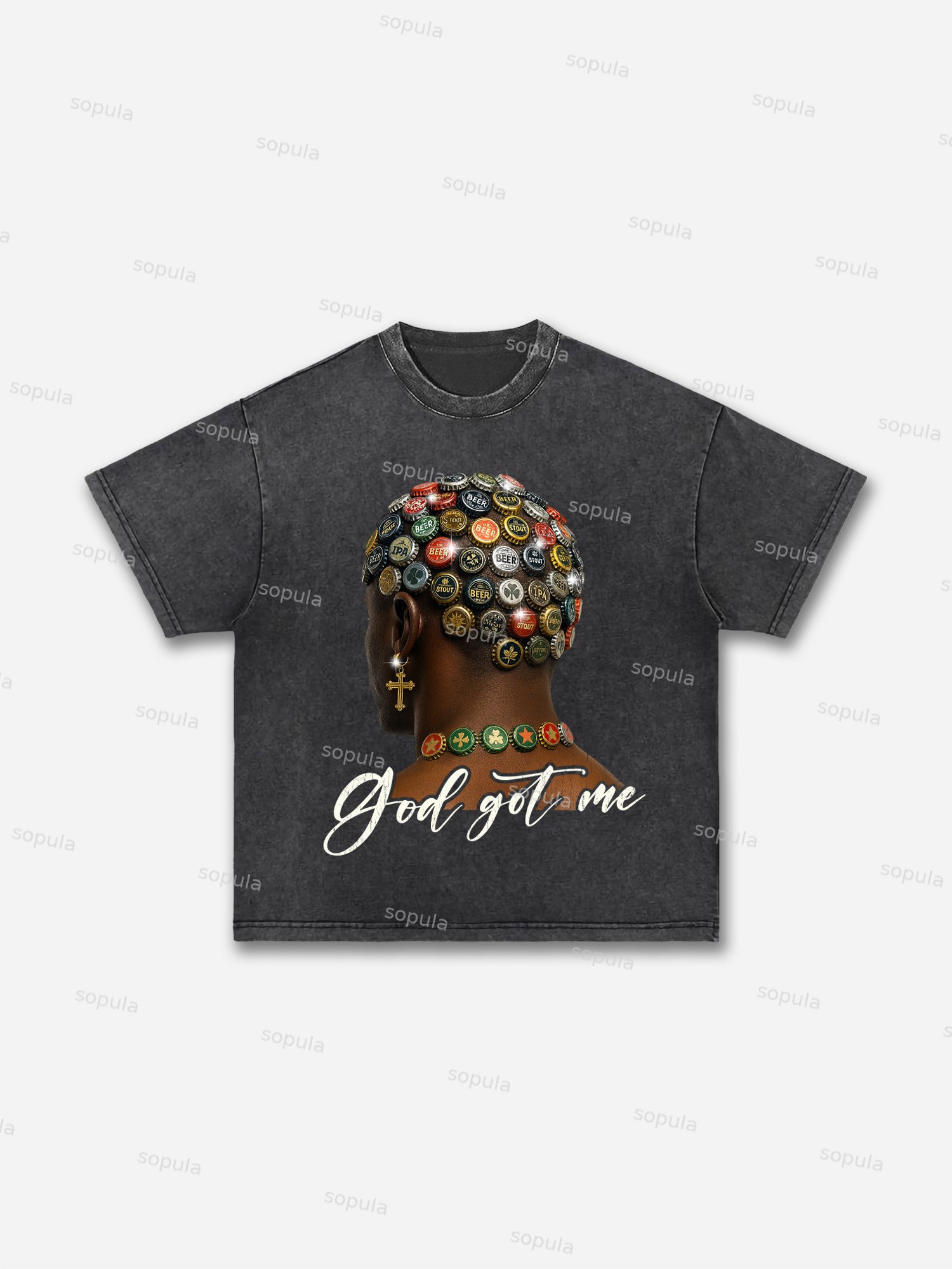 God Got Me Shining Cross And Beer Bottle Cap Hairstyle Vintage Graphic Acid Wash T-shirt - SOPULA