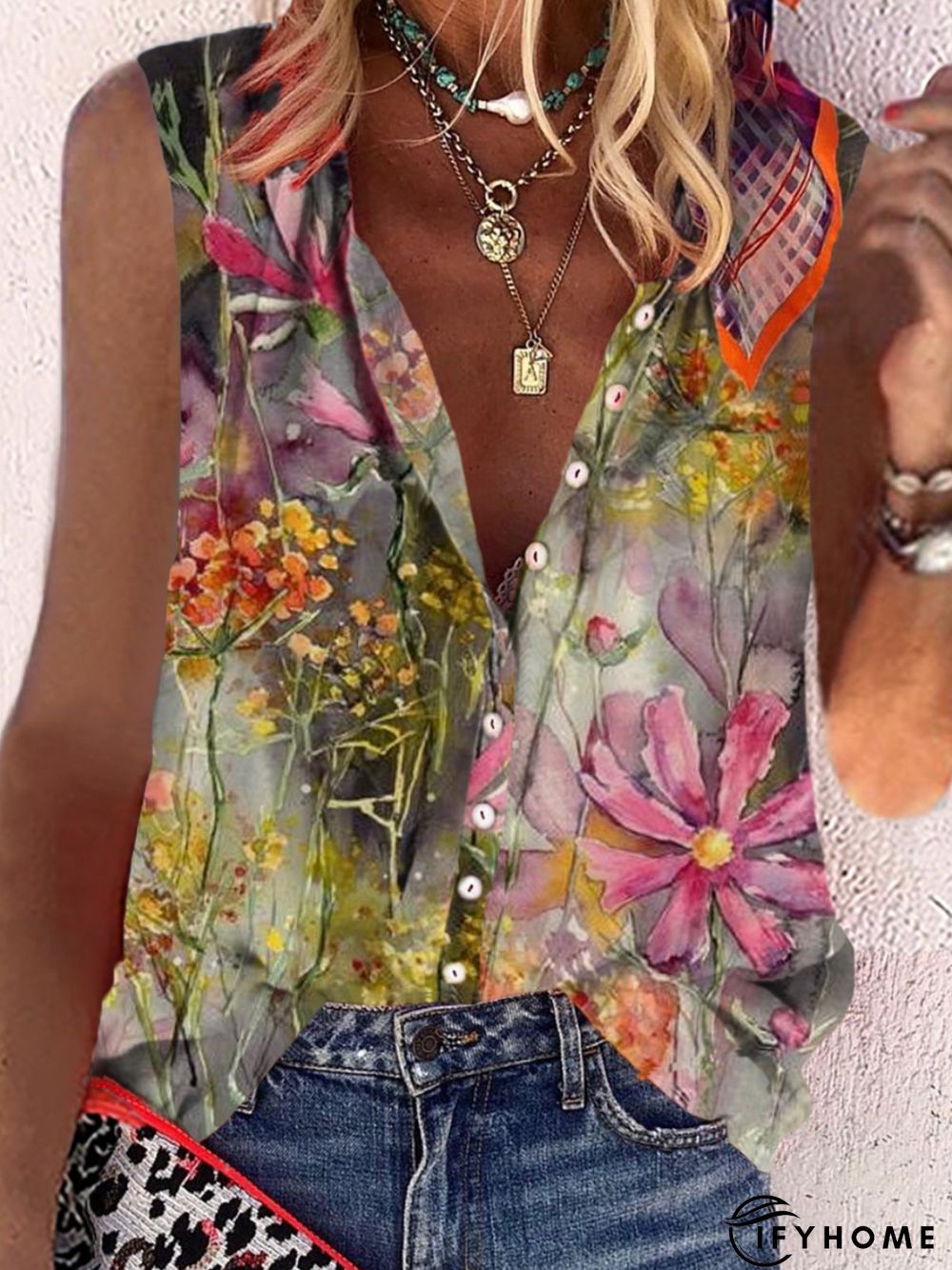 Casual Floral Sleeveless Stand Collar Printed Blouse | IFYHOME