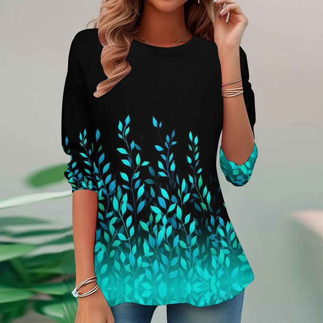 Full Printed Long Sleeve Plus Size Tunic for  Women Pattern Floral,Blue,Black,Leaf,Gradient